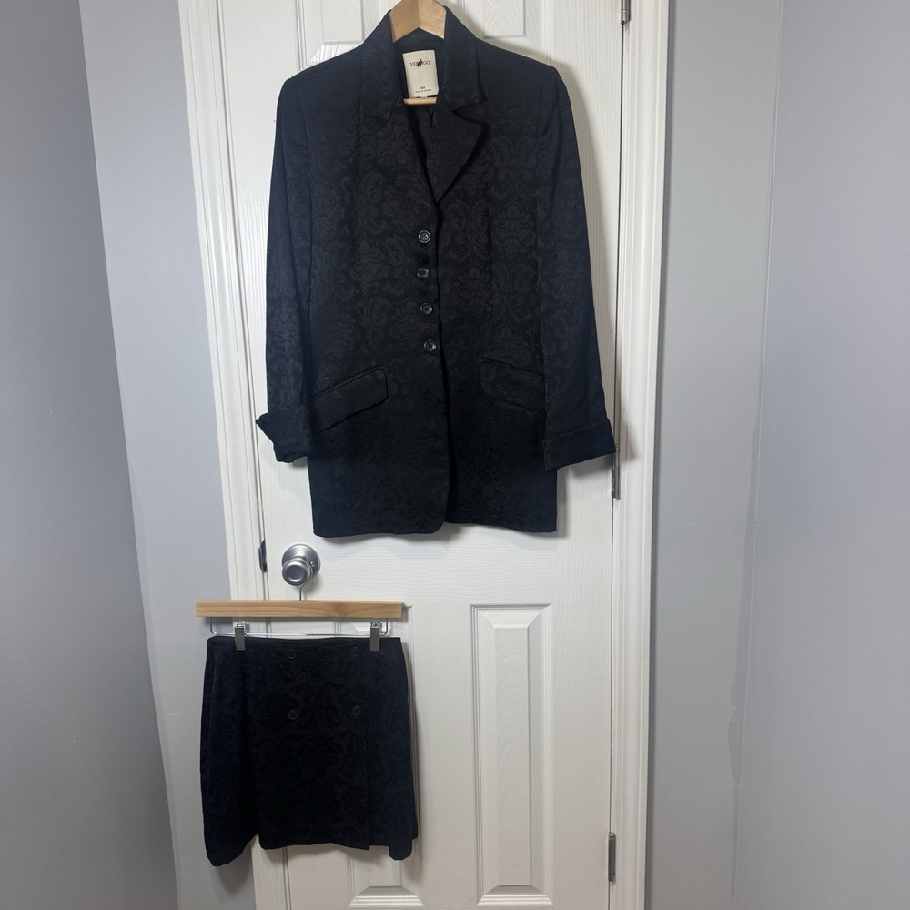 Vtg Vertigo Paris Women's Black Embossed Floral‎ Jaquard Blazer Skirt Set M/40